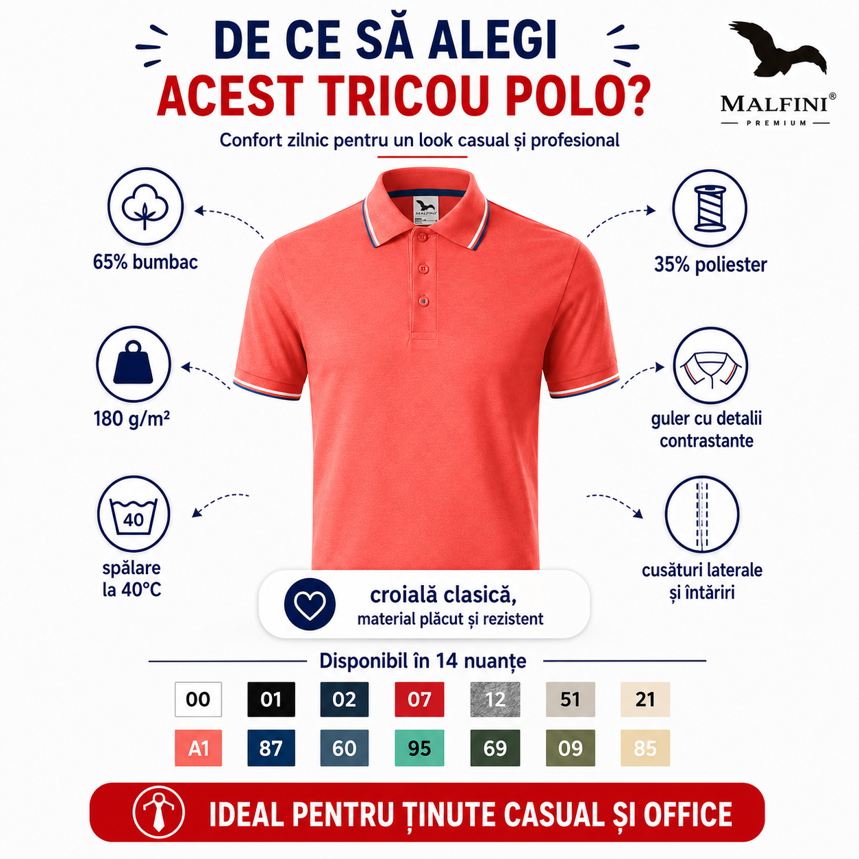 Tricou polo Malfini pentru bărbați, potrivit pentru birou, oraș, vacanță și timp liber